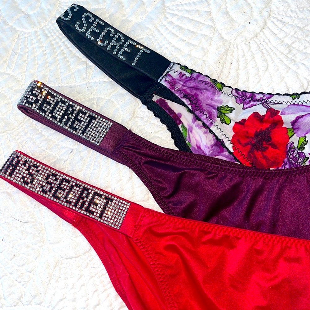 Set of 3 VS Shine Strap Satin Bling Brazilian Bikini Thong Panties